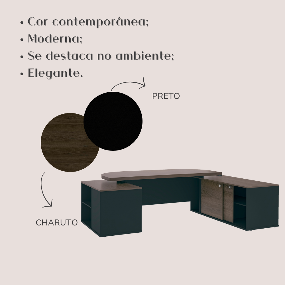 Escrivaninha Mesa Escritório Presidente Tamburato 4 Gavetas 2 Portas 258,2cm Charuto e Preto Artany