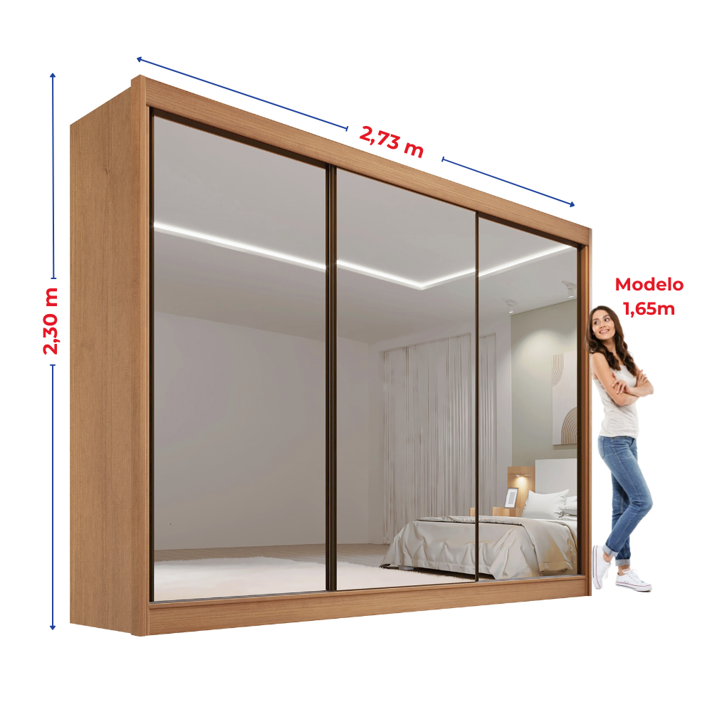 Guarda-Roupa Casal 3 Portas Espelhadas 6 Gavetas Qatar D Doro 100% MDF Marrom/Cinamomo