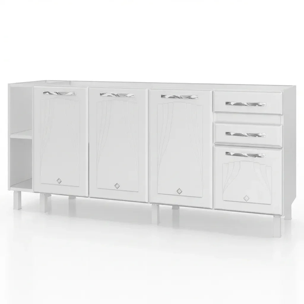 Balcão de Cozinha para Pia em Aço 4 Portas 2 Gavetas com Nichos 180cm Star New Telasul Branco