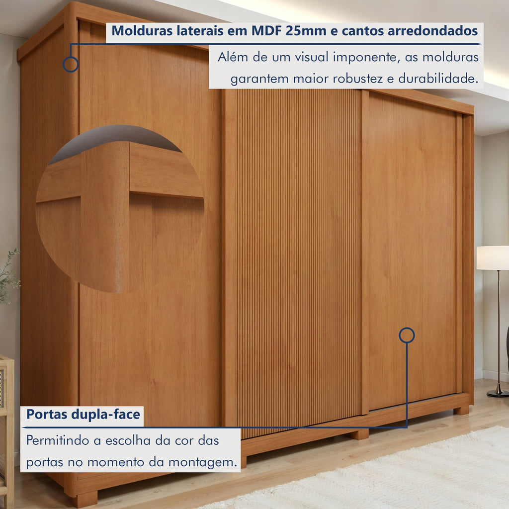 Guarda-Roupa Casal 3 Portas 6 Gavetas com Pés MDF 274cm Ollie Yescasa Marrom Amêndoa Clean/Off White