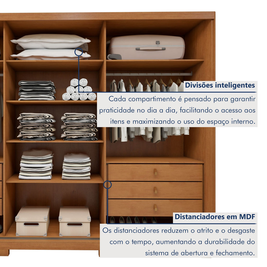 Guarda-Roupa Casal 3 Portas 6 Gavetas com Pés MDF 274cm Ollie Yescasa Marrom Amêndoa Clean/Off White