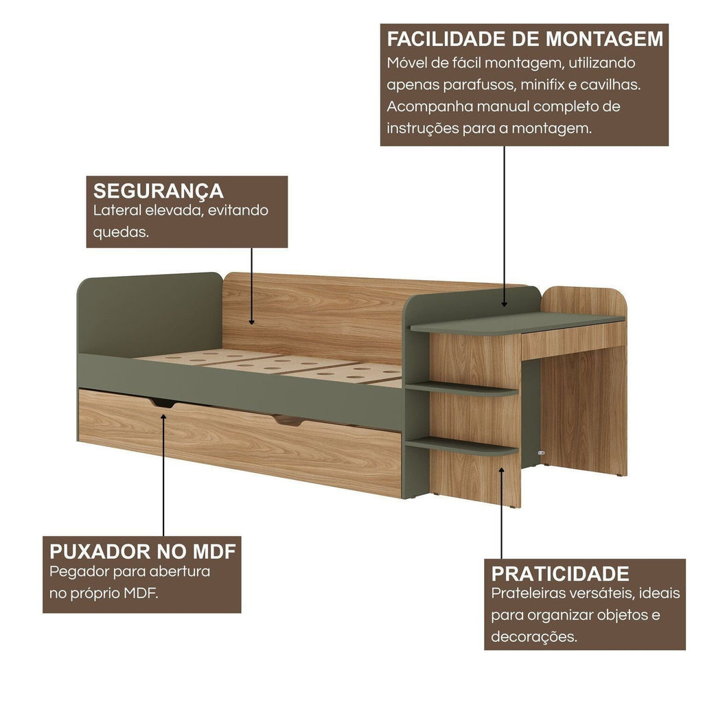 Quarto Infantil Completo com Cama de Solteiro 3 em 1 e Cômoda 10 Gavetas em MDF Premium Helena e Alice FD