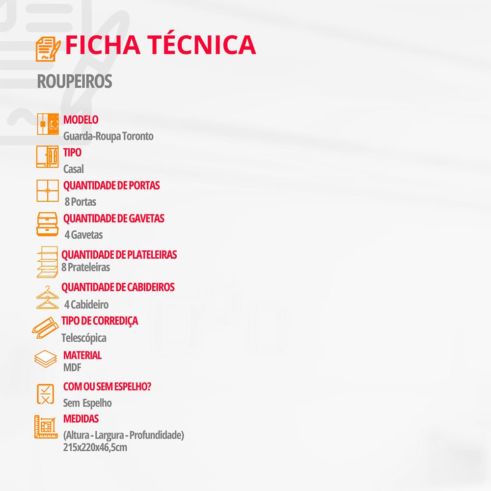 Guarda-Roupa Casal Toronto 8 Portas 4 Gavetas 100% MDF Moderna Mobília