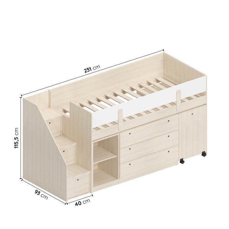 Quarto Infantil Completo Cama Elevada com Cômoda Escrivaninha Armário Artsy e Guarda-Roupa 4 Portas Curió Casatema MadeiraOriginals Natural