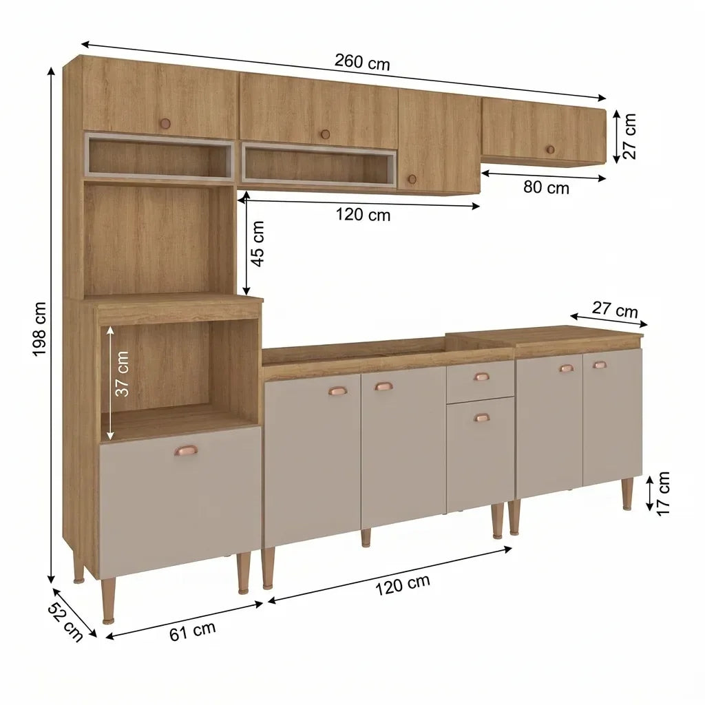 Cozinha Completa Modulada Marti Yescasa 5 Peças Torre Quente Balcão Pia Aéreo Mel/Fendi Cinza