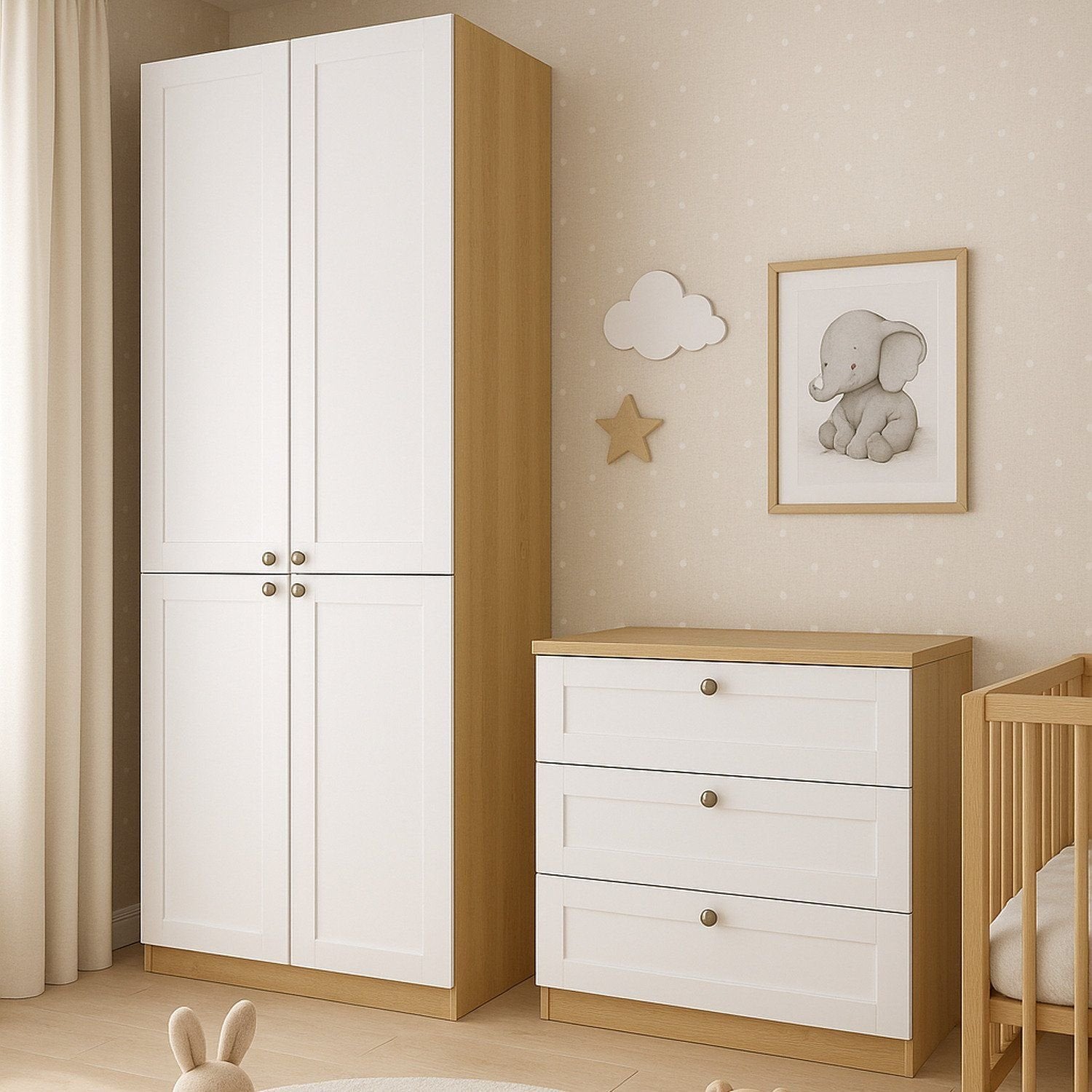 Quarto Infantil Completo 2 Guarda-Roupas e Cômoda 3 Gavetas Modelo Americano Infinity Genialflex Branco/Savana