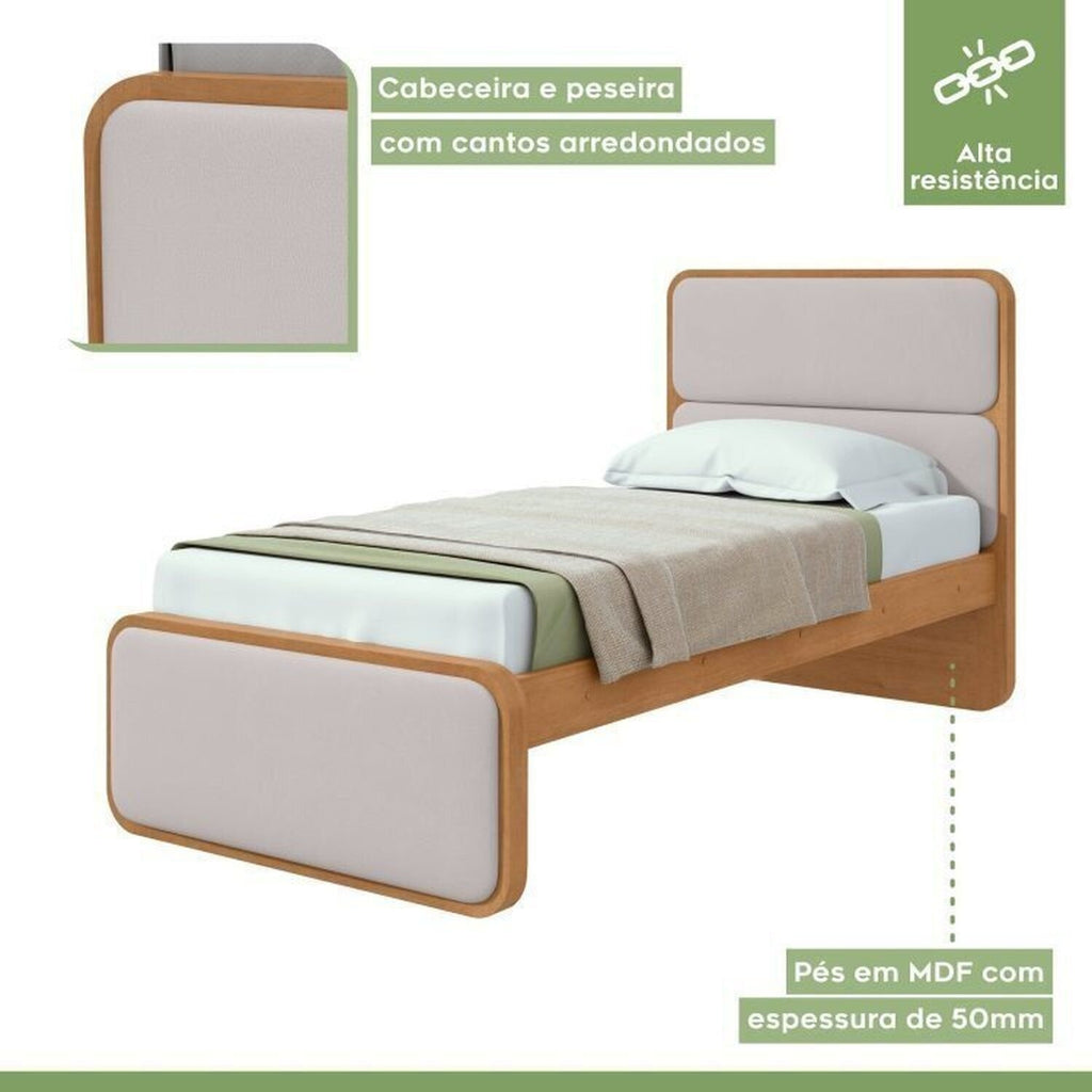 Kit 3 Peças com 2 Camas de Solteiro e Mesa de Cabeceira Loop Bege Amêndoa Clean/Off White Móveis Lopas