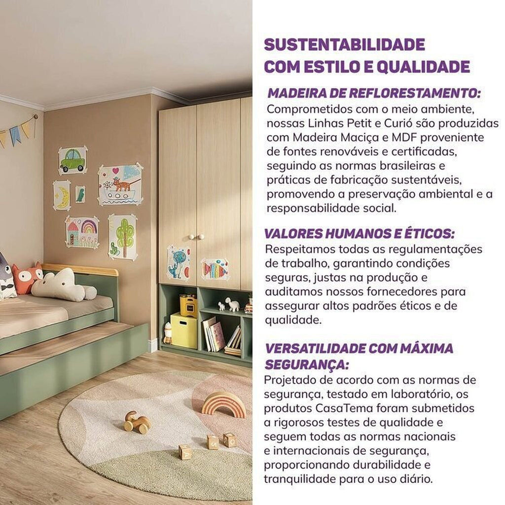 Quarto Infantil Completo Guarda-Roupa Curió e Bicama Petit Casatema Verde/Mel