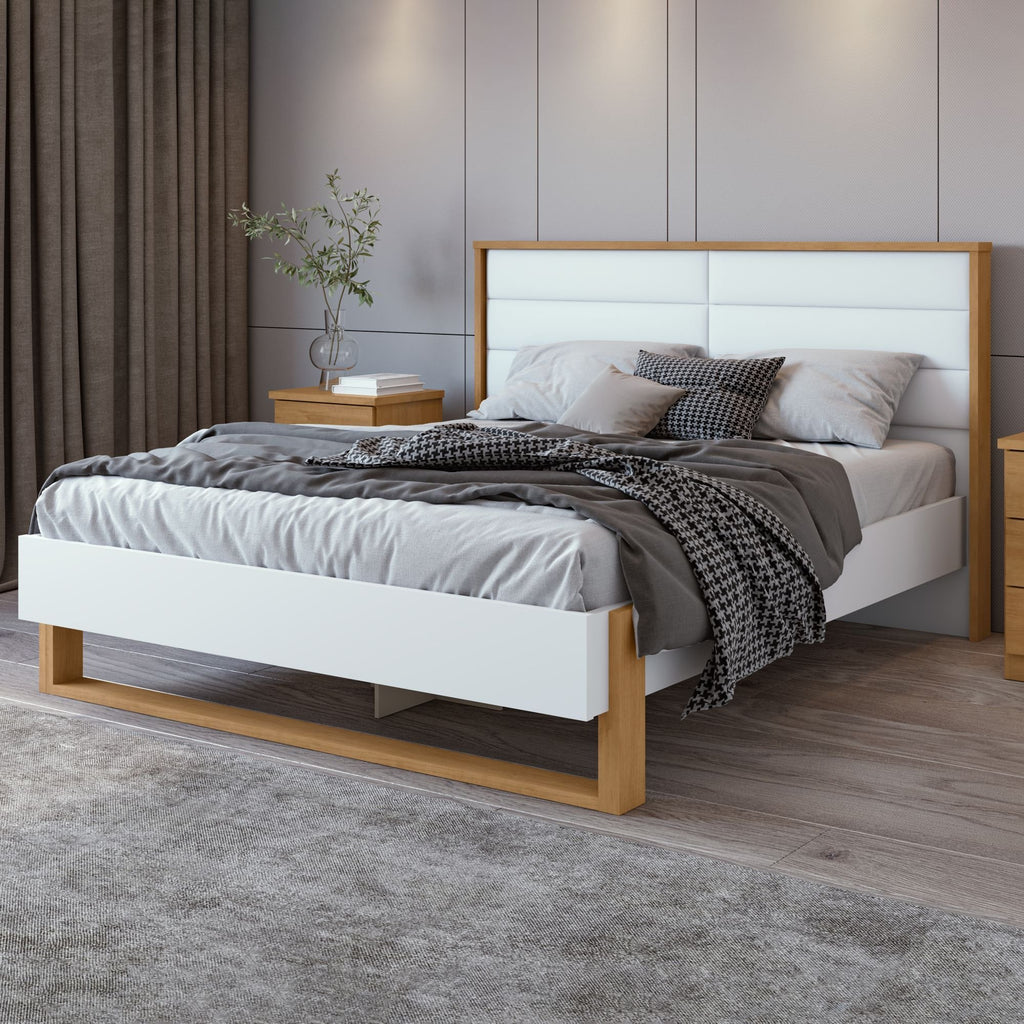 Cama Queen com LED e Pés Flutuantes Freetown Móveis Lopas Marrom Amêndoa Clean/Branco