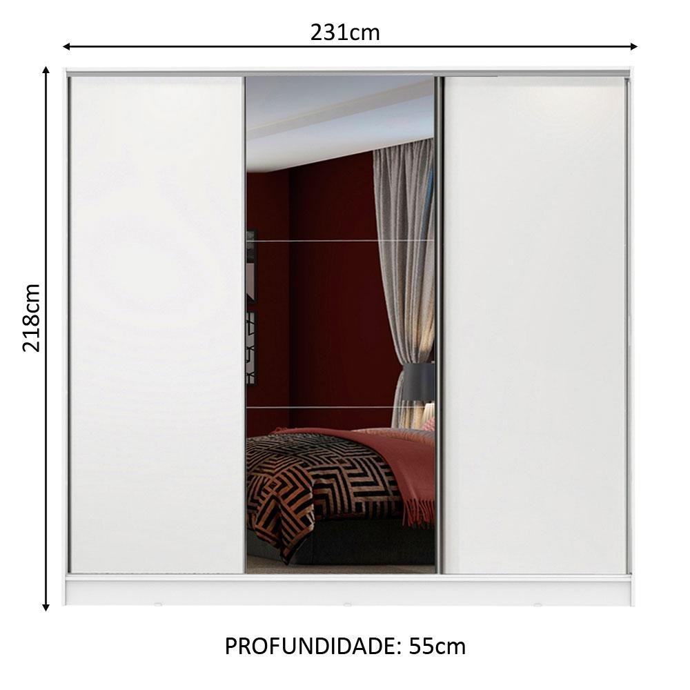 Guarda-Roupa Casal 100% MDF Madesa Zurique 3 Portas de Correr com Espelho
