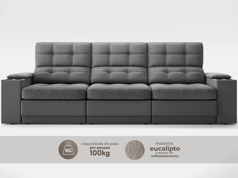 Sofá com Porta Copos e Carregador USB Eureka Velosuede Assento Retrátil e Reclinável NETSOFAS