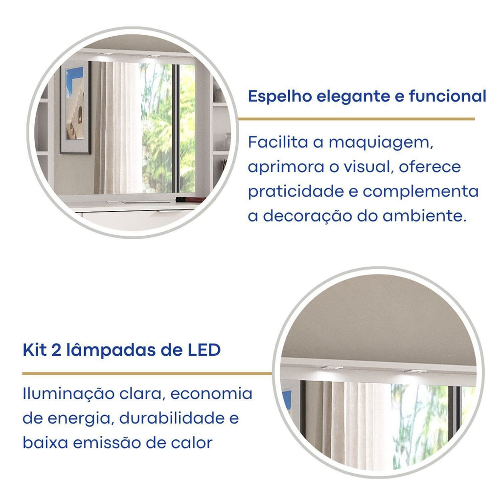 Penteadeira Escrivaninha em L com Espelho LED 5 Gavetas 6 Nichos Foscarini Branco