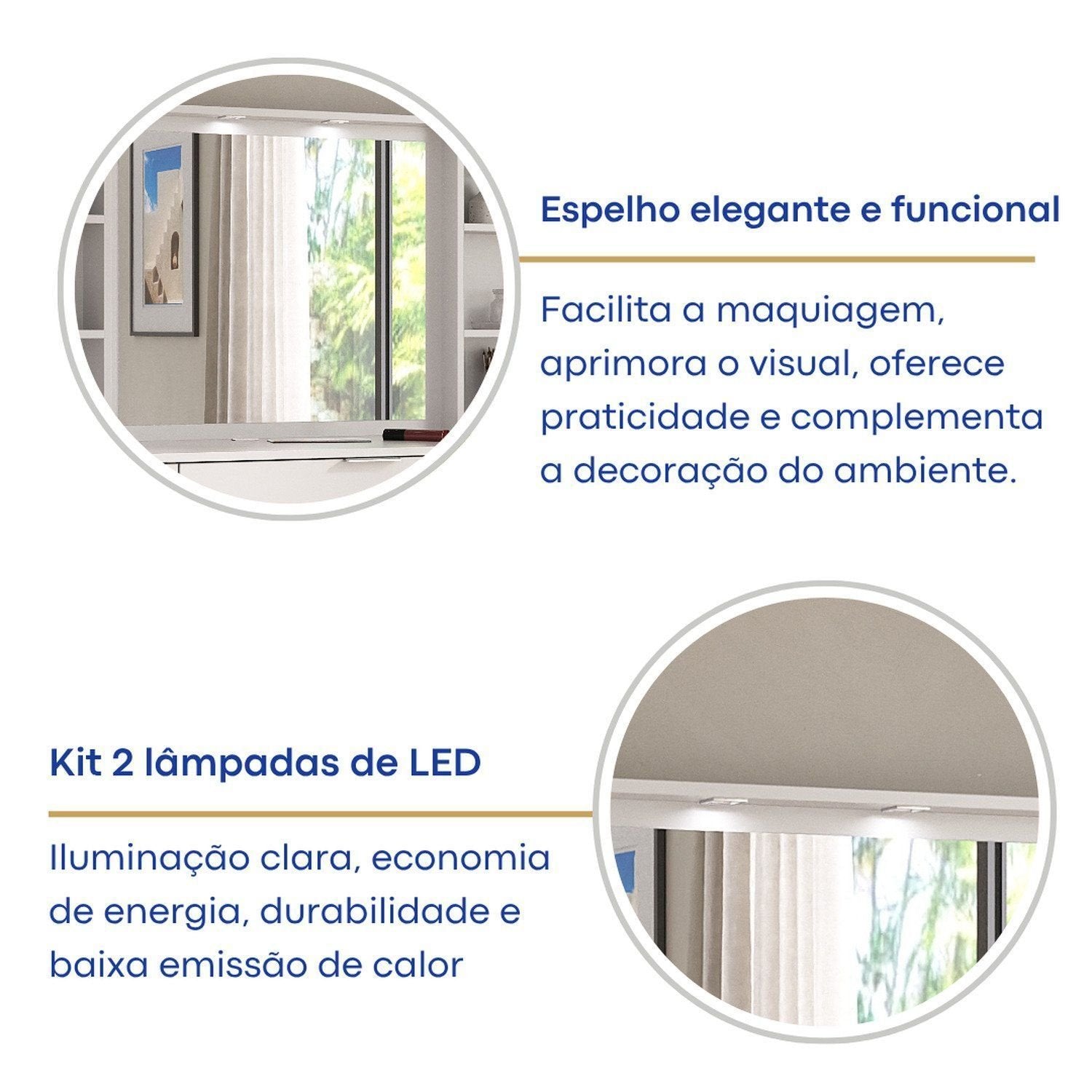 Penteadeira Escrivaninha em L com Espelho LED 5 Gavetas 6 Nichos Foscarini Branco
