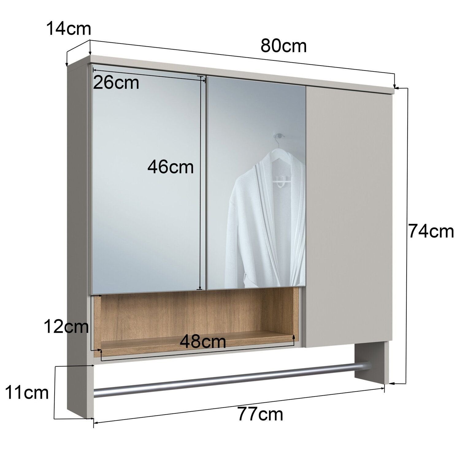 Armário Espelheira para Banheiro Olívia FAEMA 3 Portas com Nicho e Toalheiro 80cm Bege/Mel/Arenas
