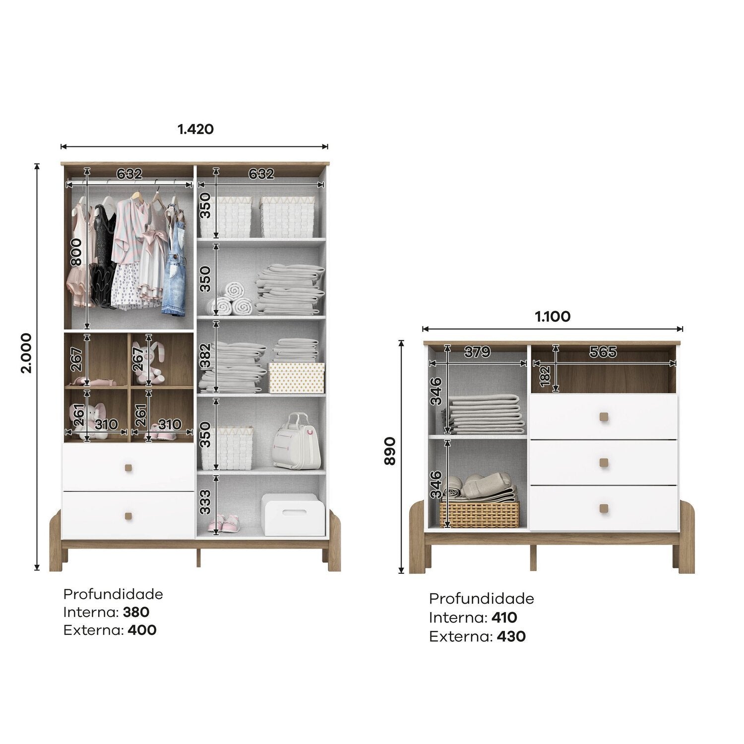 Conjunto Quarto Infantil Guarda-Roupa e Cômoda Yuri Branco/Jequitibá Espresso Móveis