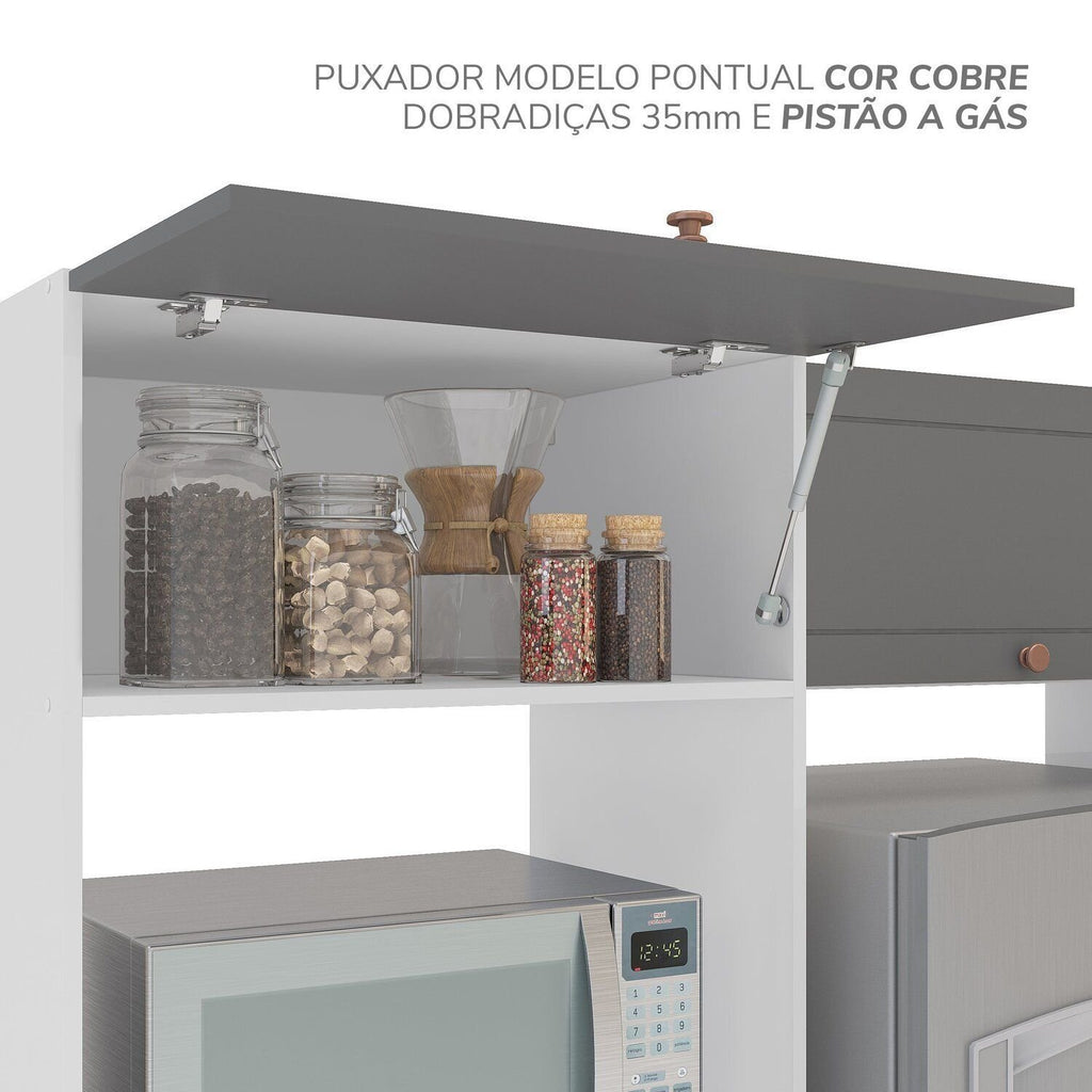 Cozinha Completa Pérola Yescasa 5 Peças Torre Quente Aéreo 3 Portas Balcão 2 Gavetas Basculante Cinza/Branco 270,2x219,4x52cm