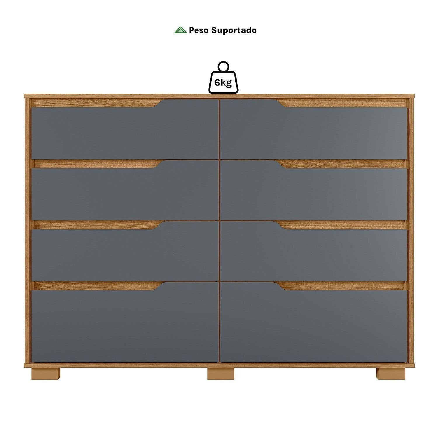 Cômoda para Quarto 8 Gavetas 147cm Georgia Moval Marrom/Freijó/Cinza