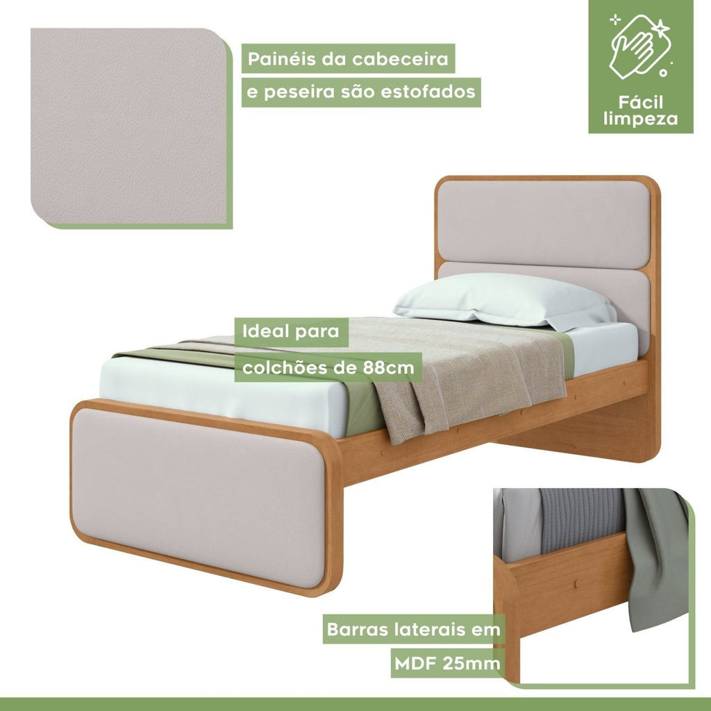 Cama Solteiro Corino Cabeceira Estampada Loop Móveis Lopas Amêndoa Clean/Off White