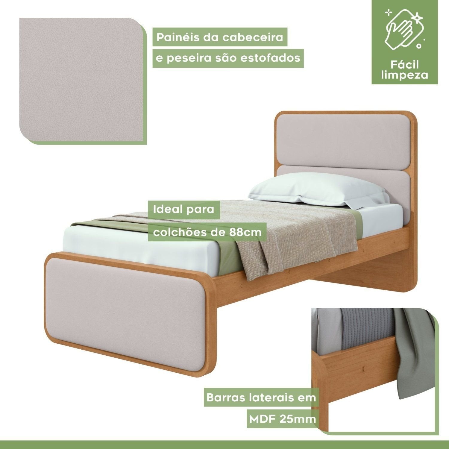 Cama Solteiro Corino Cabeceira Estampada Loop Móveis Lopas Amêndoa Clean/Off White