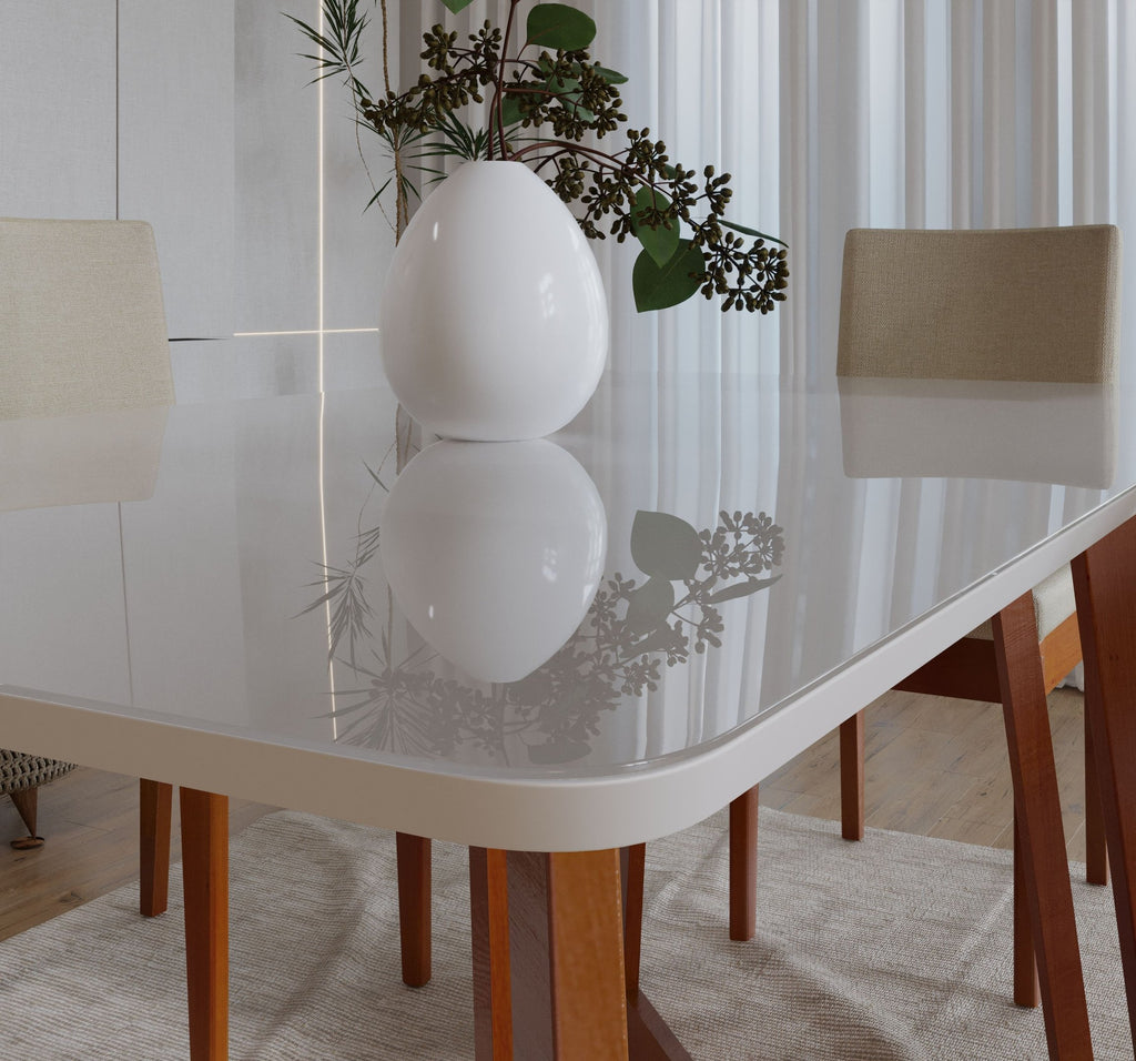 Conjunto Mesa com Vidro Pés Madeira Maciça 6 Cadeiras Madeira Dakota Tecido A40 Marrom Móveis Meneghetti