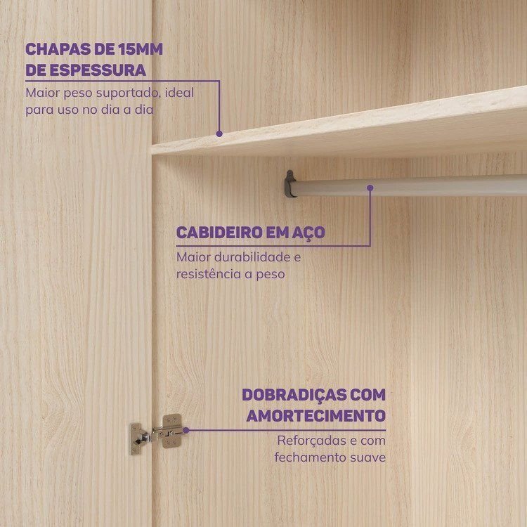 Quarto Infantil Completo Cama Elevada com Cômoda Escrivaninha Armário Artsy e Guarda-Roupa 4 Portas Curió Casatema MadeiraOriginals Natural