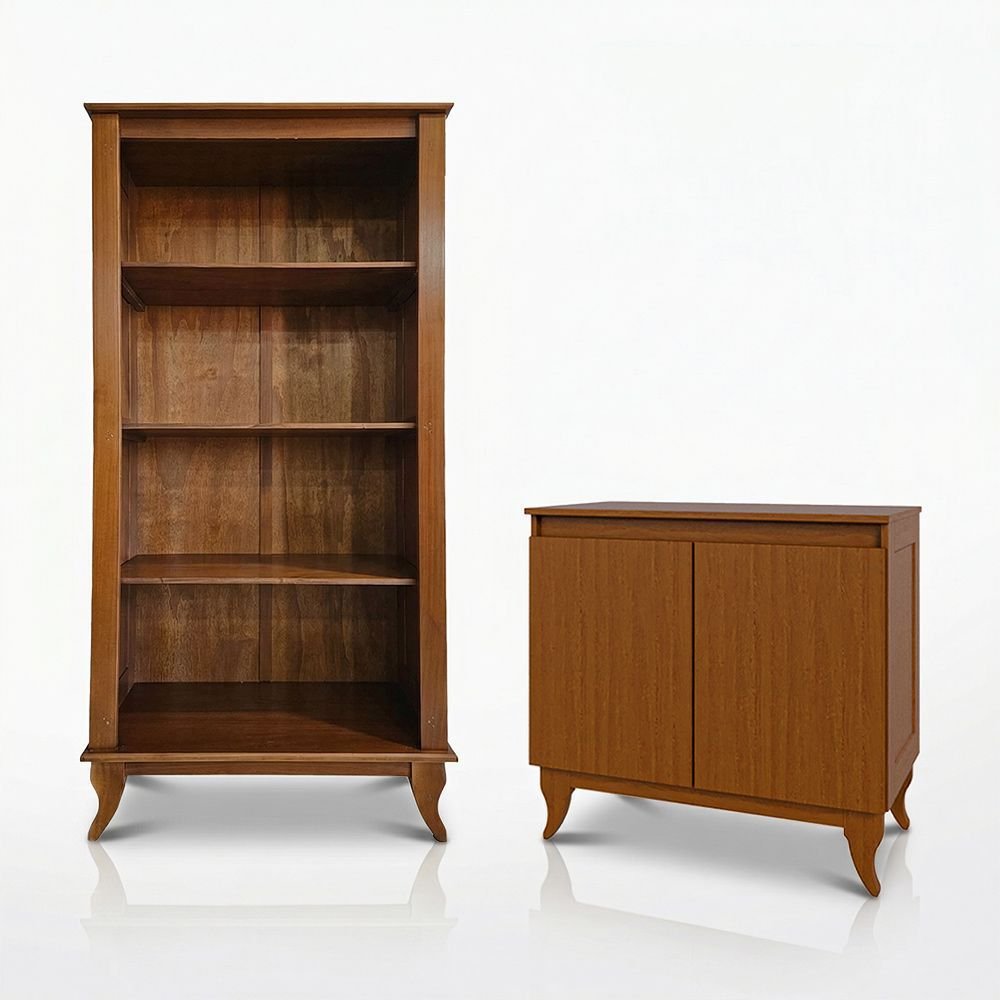 Conjunto Livreiro Luiz XV sem Portas com Aparador Buffet Monterrey 2 Portas Design Retrô Castanho CASA DA MADEIRA