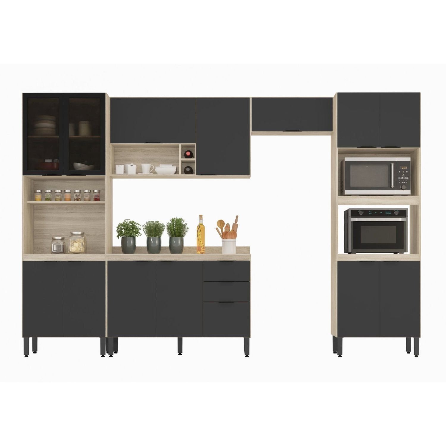 Cozinha Completa Modulada Firenze 05 Peças 14 Portas 2 Gavetas Demóbile Cinza/Avena/Grafito 330x219x52cm
