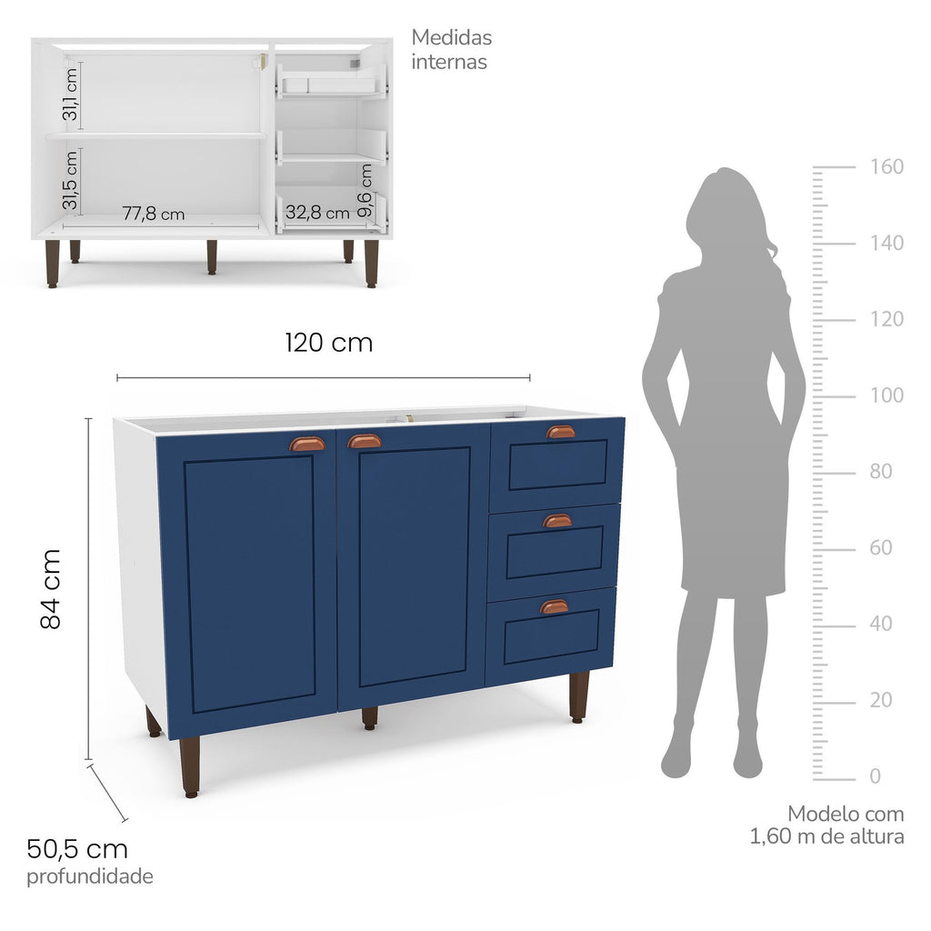 Balcão de Cozinha 2 Portas 3 Gavetas 120cm Pérola Yescasa Branco/Azul