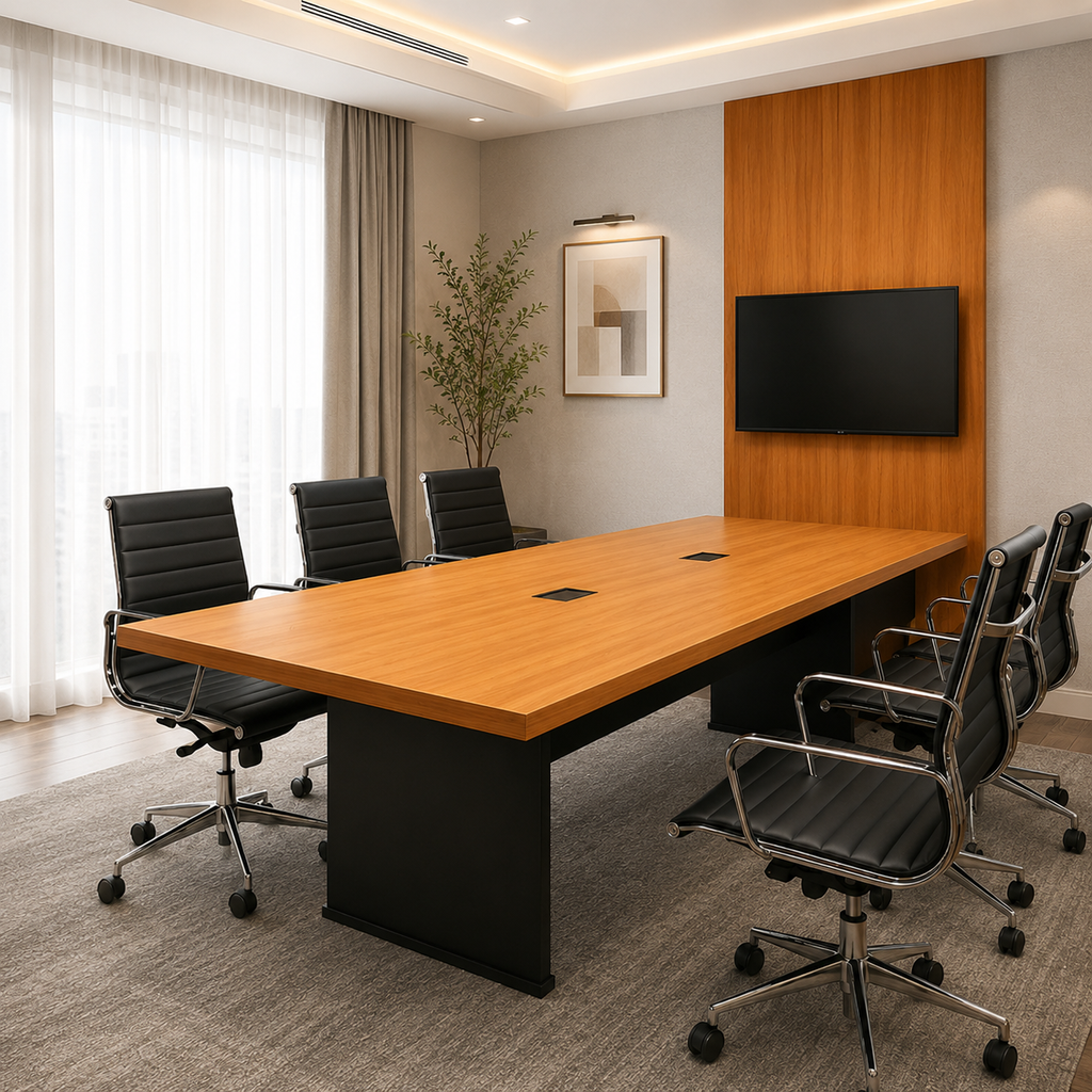 Conjunto Escritório Mesa de Reunião e Painel para TV F5 Office Freijó com Preto Casa Lar Fábrica