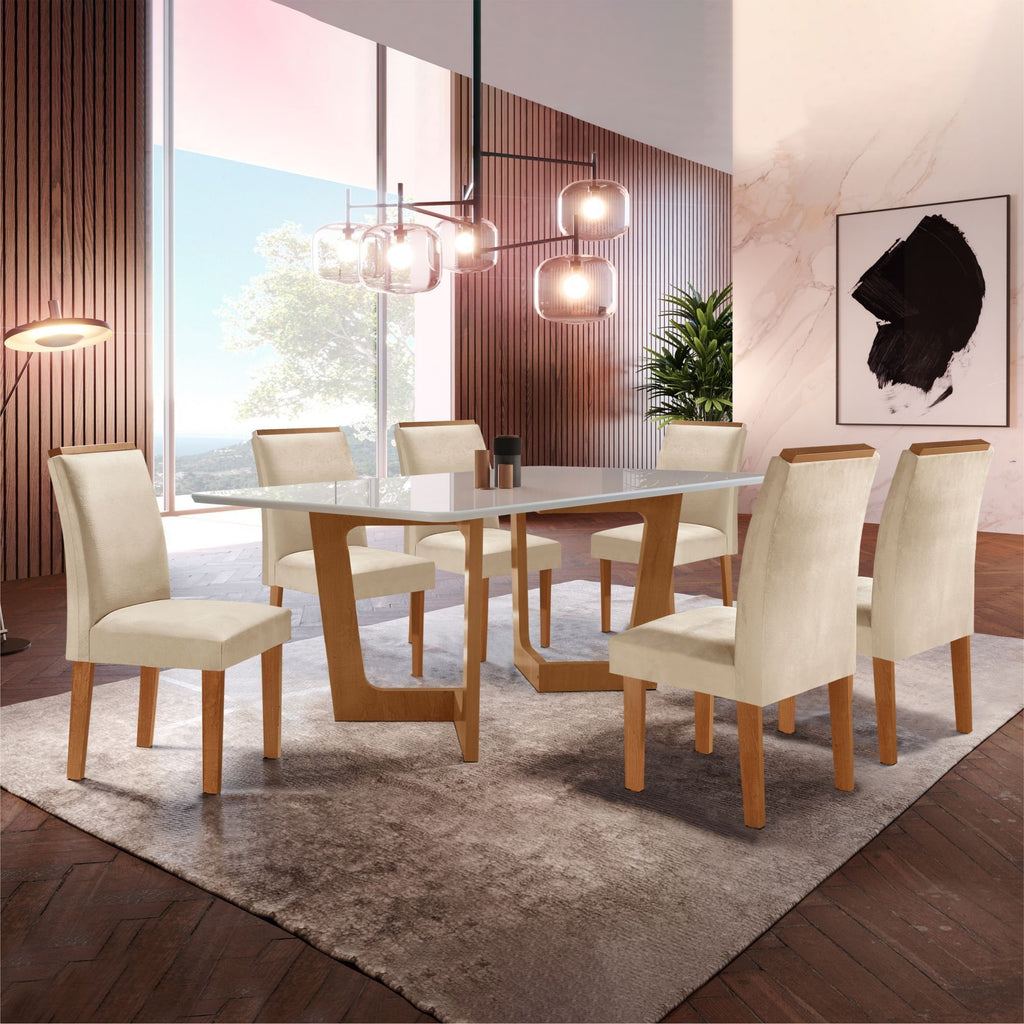 Conjunto Sala de Jantar Mesa Redonda Tampo Vidro e MDF com 6 Cadeiras Luísa Smart Plus Cel Móveis