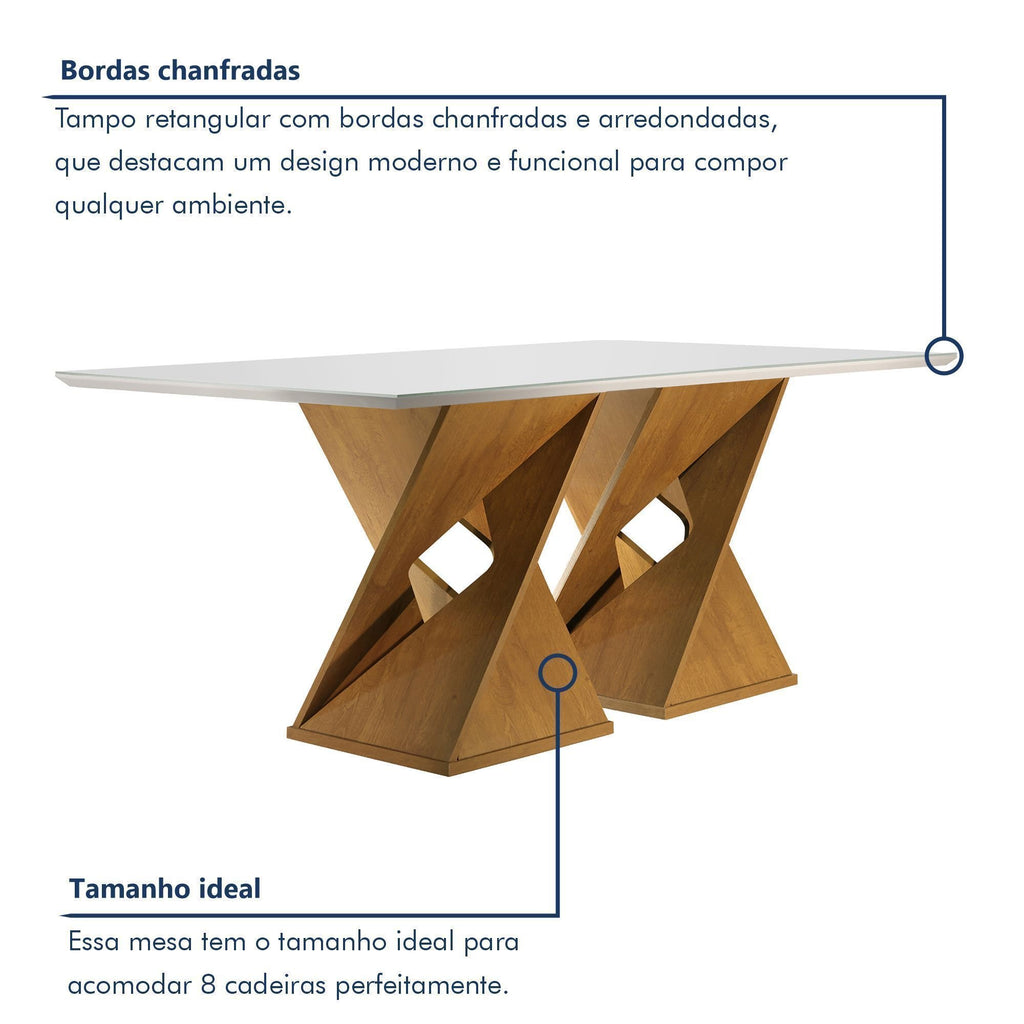 Conjunto Sala de Jantar Mesa Retangular Tampo Vidro/MDF com 8 Cadeiras Genova Smart Plus Cel Móveis