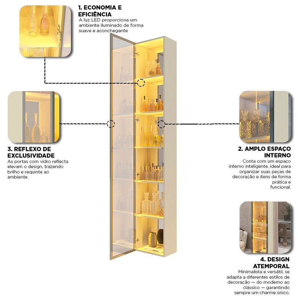 Cristaleira 1 Porta Reflecta com Fita LED e Espelho 100% MDF Luminare Gelius Móveis Bege/Off White