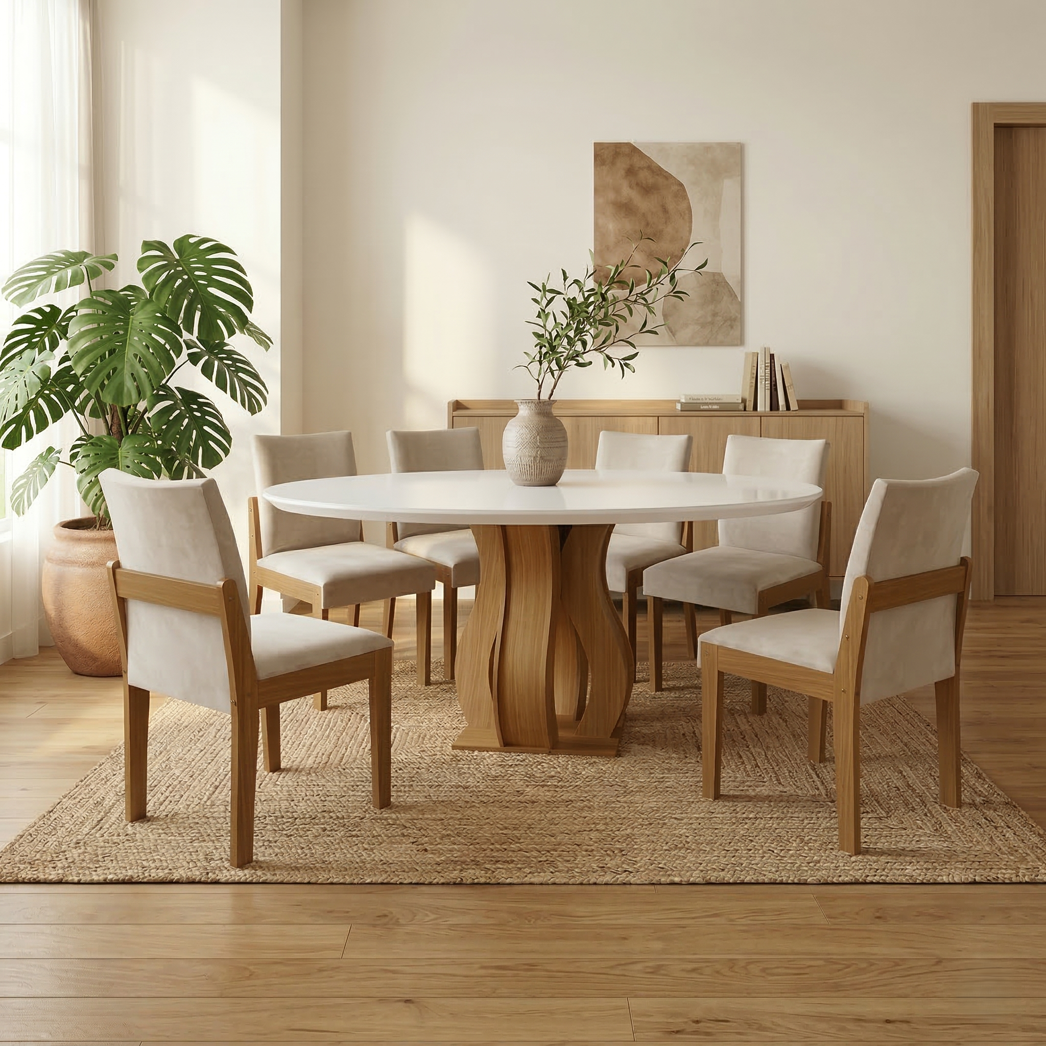 Conjunto Sala de Jantar Mesa Redonda com 6 Cadeiras Mônaco Nuance Yescasa Cinamomo/Creme/Off White