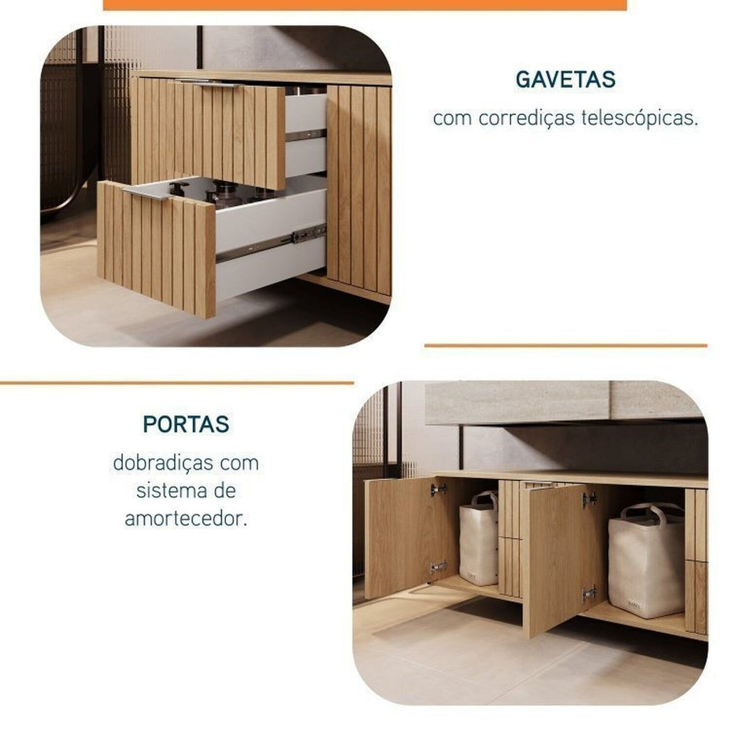 Conjunto para Banheiro Bancada em Porcelanato com Cuba Esculpida, Armário e Espelho Ripy Bumi 120cm Amarelo/Wood/Travertino
