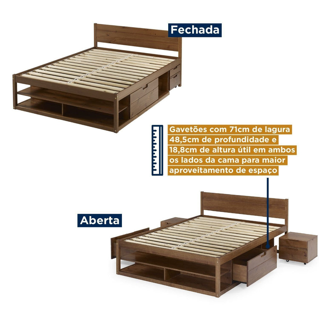 Cama Casal Multifuncional Madeira Maciça Irara CabeCasa MadeiraOriginals Marrom/Caramelo