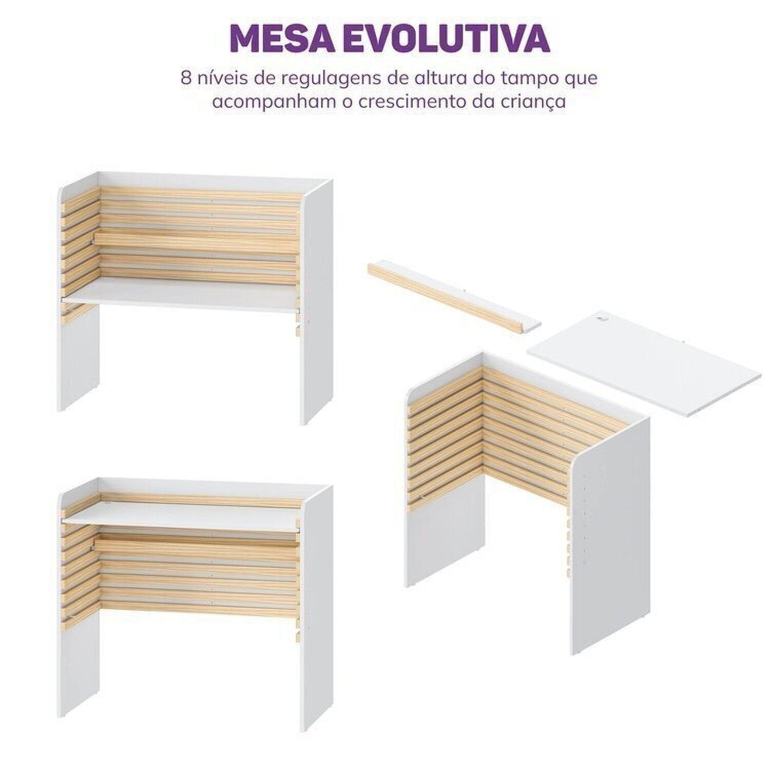 Conjunto Infantil Mesa e Cadeira Evolutiva, Prateleira e Guarda-Roupa Modulado Wave Casatema MadeiraOriginals Branco/Marrom