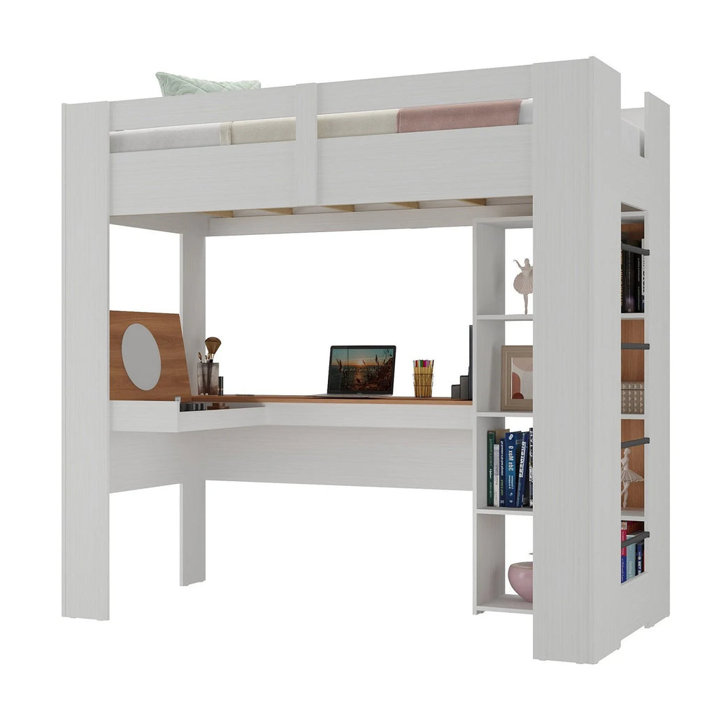 Cama Alta Multifuncional com Escrivaninha Penteadeira Yescasa Branco/Nogal