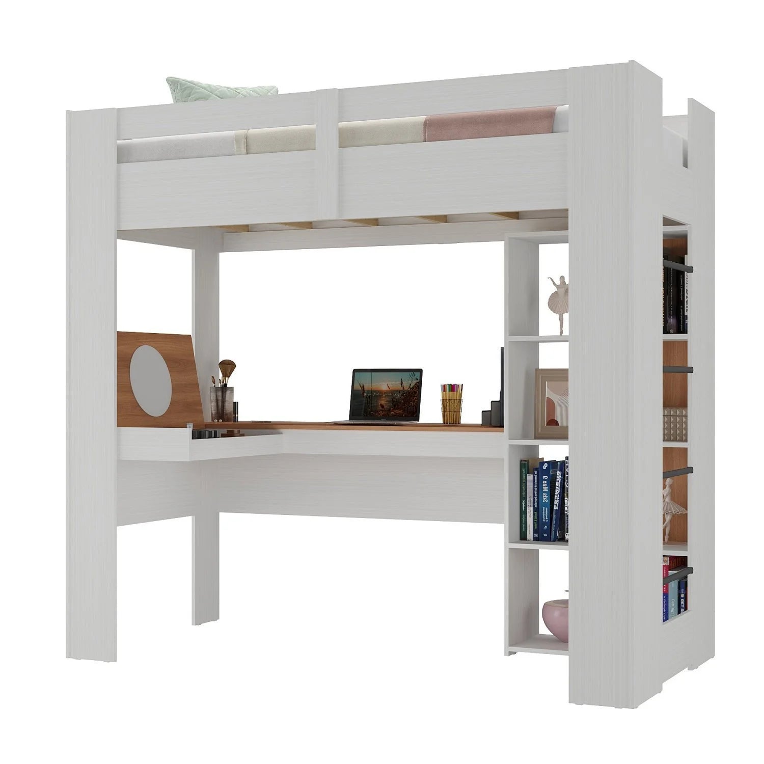 Cama Alta Multifuncional com Escrivaninha Penteadeira Yescasa Branco/Nogal