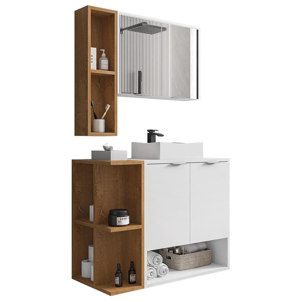 Conjunto para Banheiro Gabinete Suspenso com Cuba e Espelheira Ibiza Móveis Bechara 70cm Branco/Naturalle
