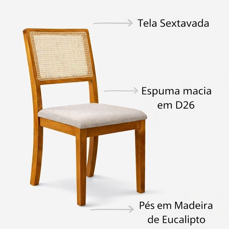 Kit 4 Cadeiras de Jantar Palha Estofada Linho Encosto em Tela Sextavada Rubi Madeira Maciça
