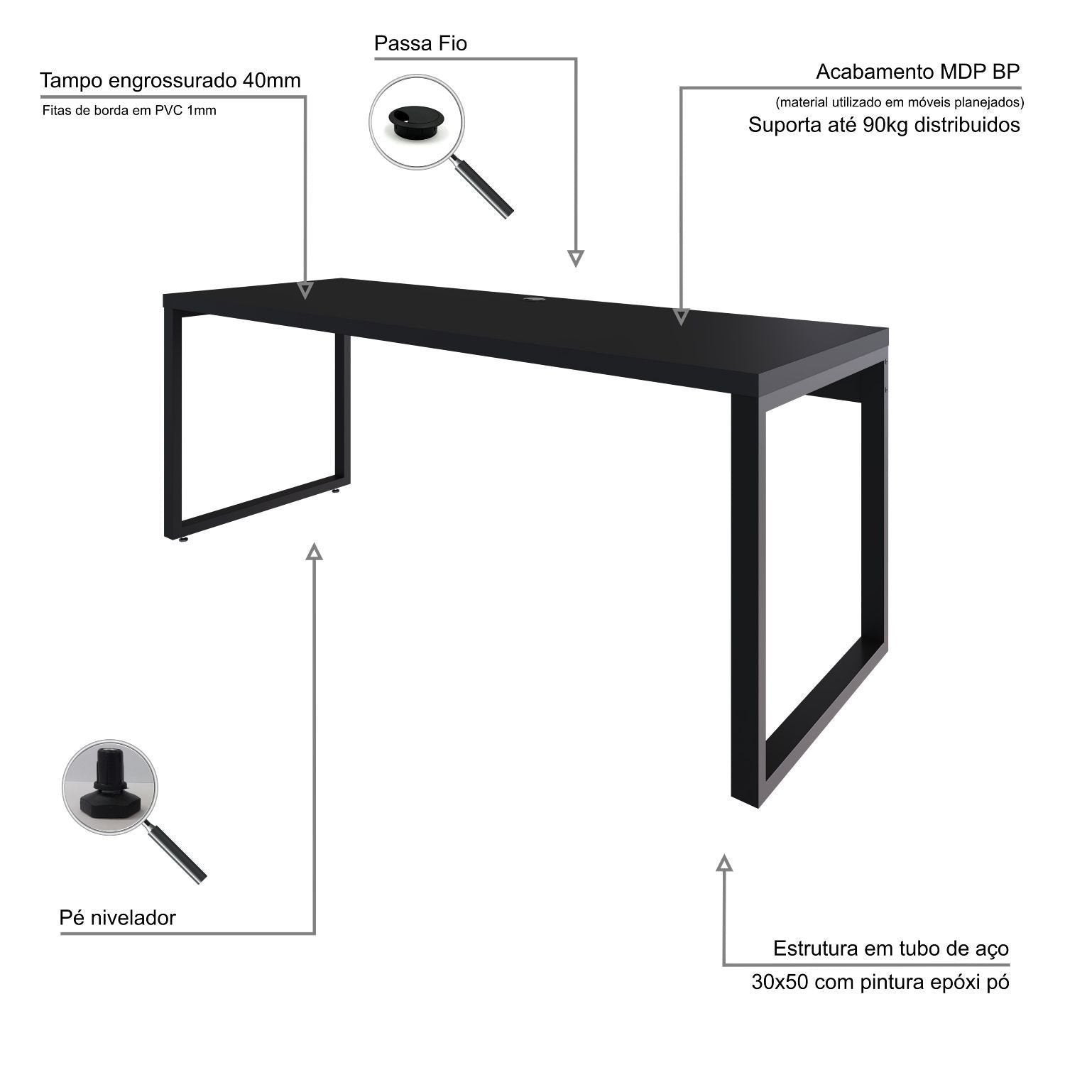 Escrivaninha Mesa Escritório Yon Presidente YOME7190 190cm Industrial Metalig