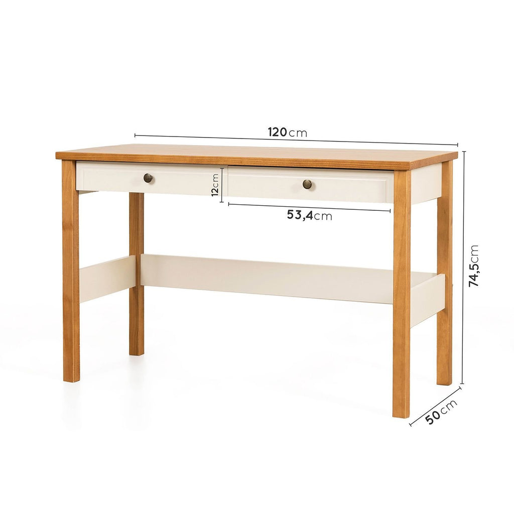 Escrivaninha Mesa Escritório Ananda 2 Gavetas 120cm MDF CabeCasa MadeiraOriginals Off-White e Mel Marrom