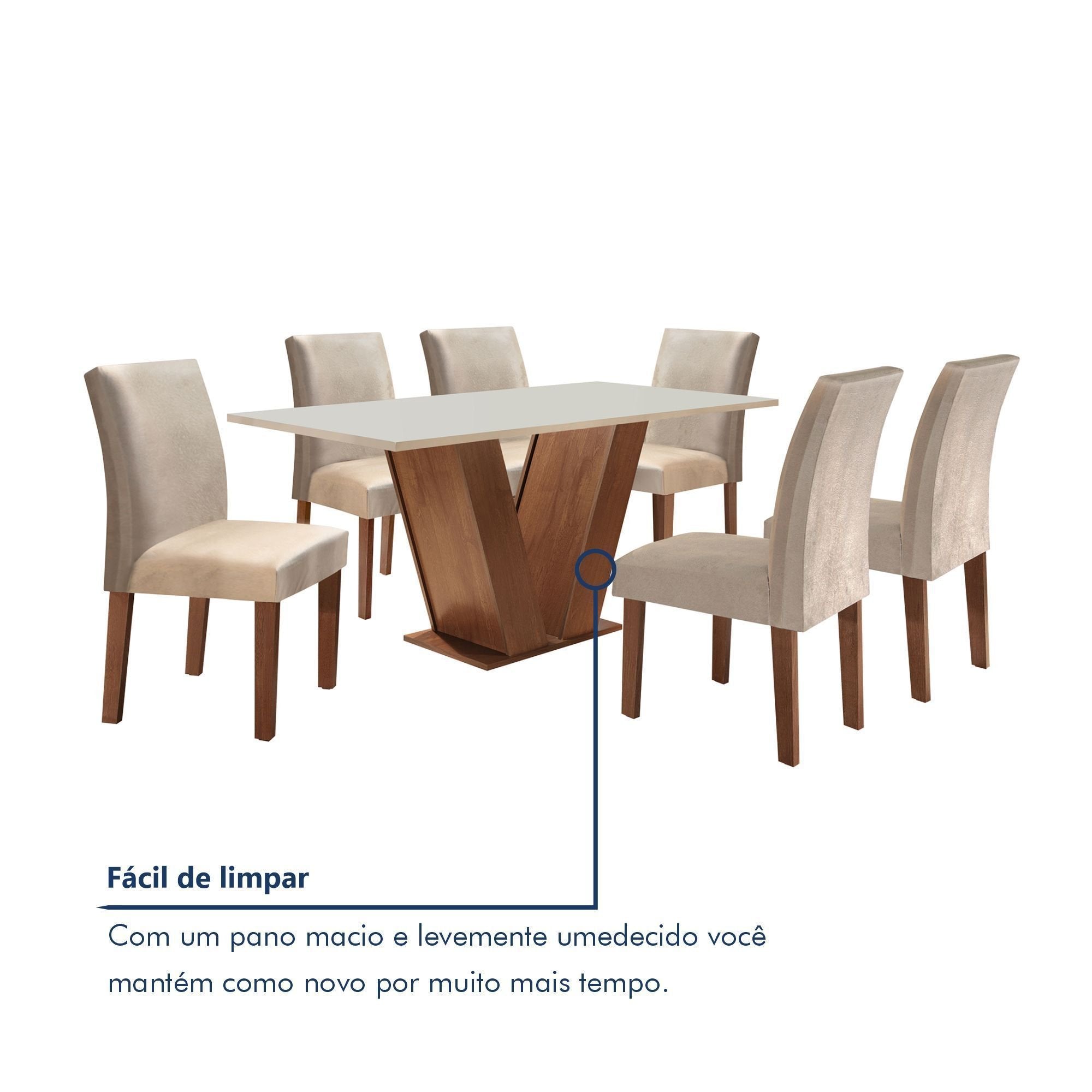 Conjunto Sala de Jantar Mesa Retangular Tampo Vidro/MDF com 6 Cadeiras Espanha Yescasa