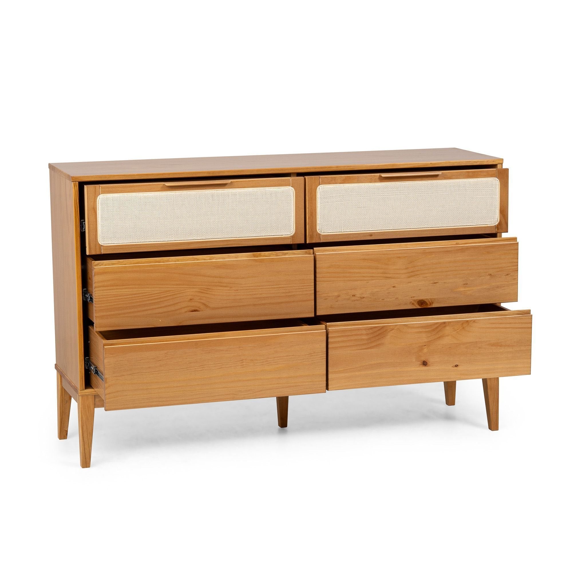 Cômoda 6 Gavetas Madeira Maciça com Telinha Rattan Viena Mel Marrom Artemobili