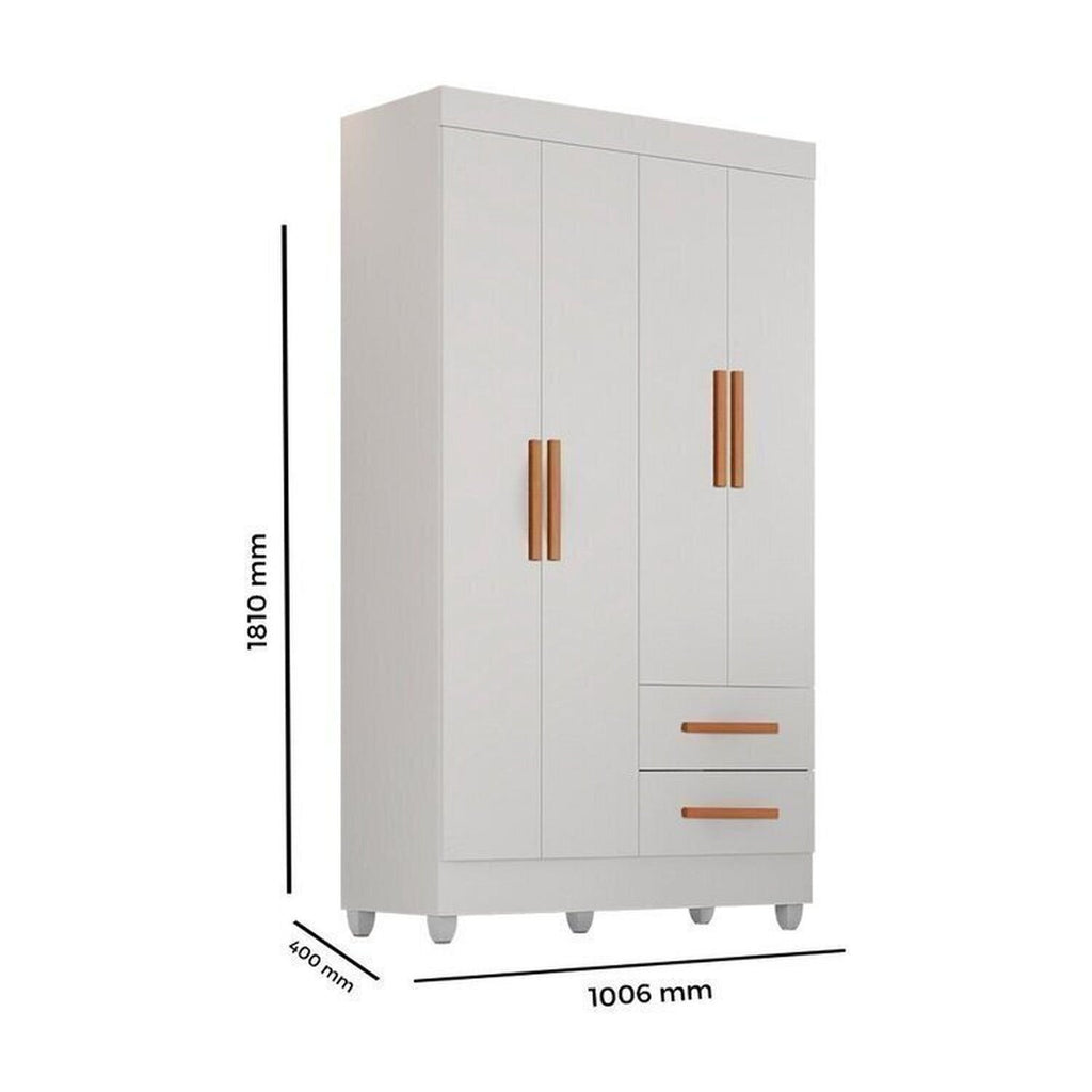 Quarto Bebê Infantil com Guarda-Roupa 4 Portas e 2 Gavetas com Cômoda 4 Gavetas e 1 Porta Aconchego Móveis Leão Branco