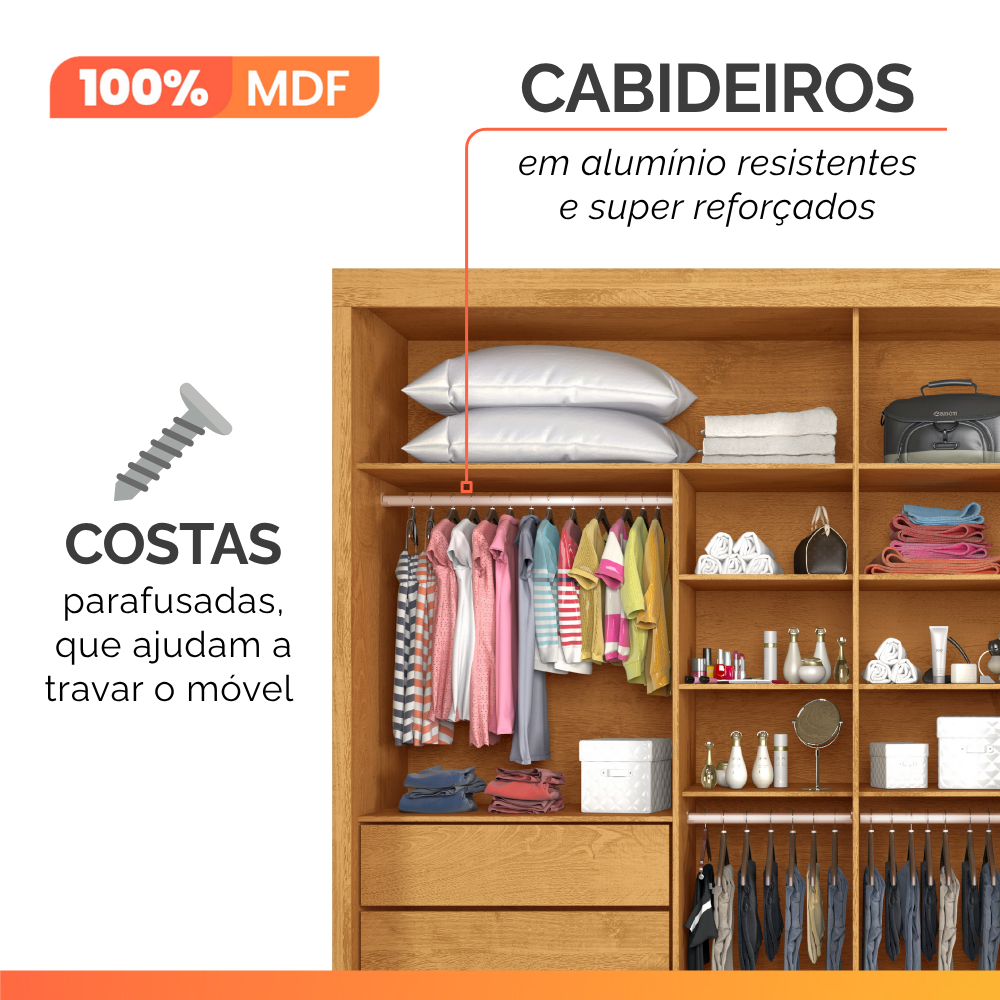 Guarda-Roupa Casal 2 Portas de Correr com Espelho 4 Gavetas Flex 100% MDF Europa Áustria