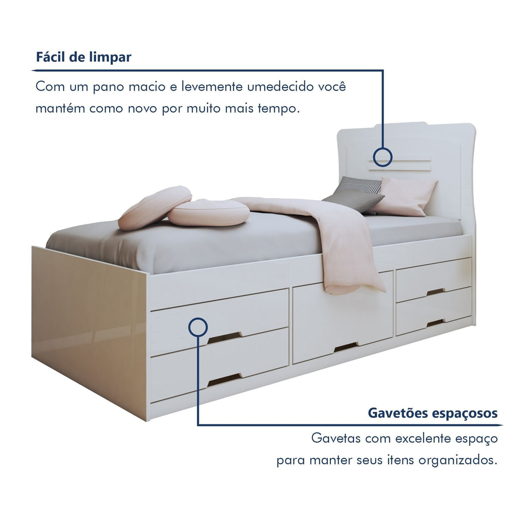 Cama Solteiro 5 Gavetas Júlia Conquista Móveis Branco