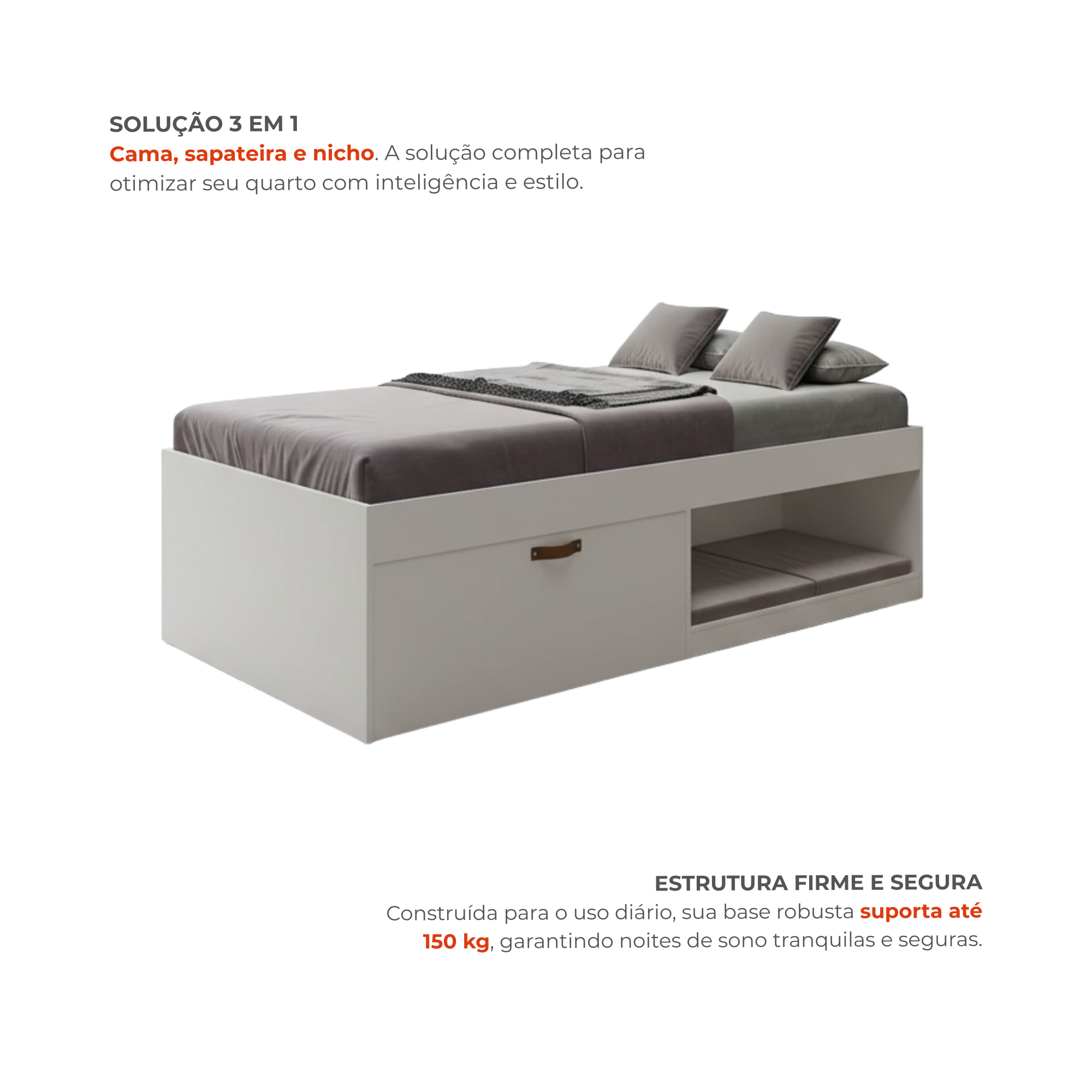 Cama Solteiro com Sapateira e Nicho Laura Yescasa Branco