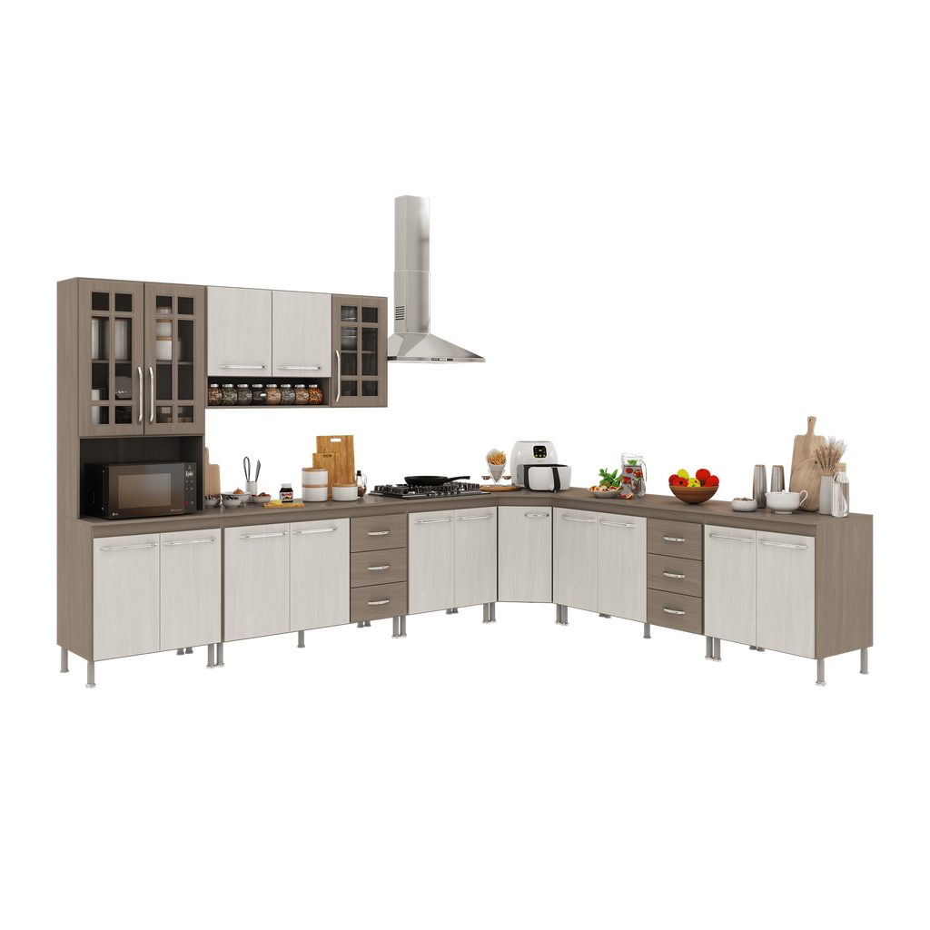 Armário de Cozinha Modulada Completa Fidelitá Paris 7 Peças 600cm 16 Portas 6 Gavetas com Tampo