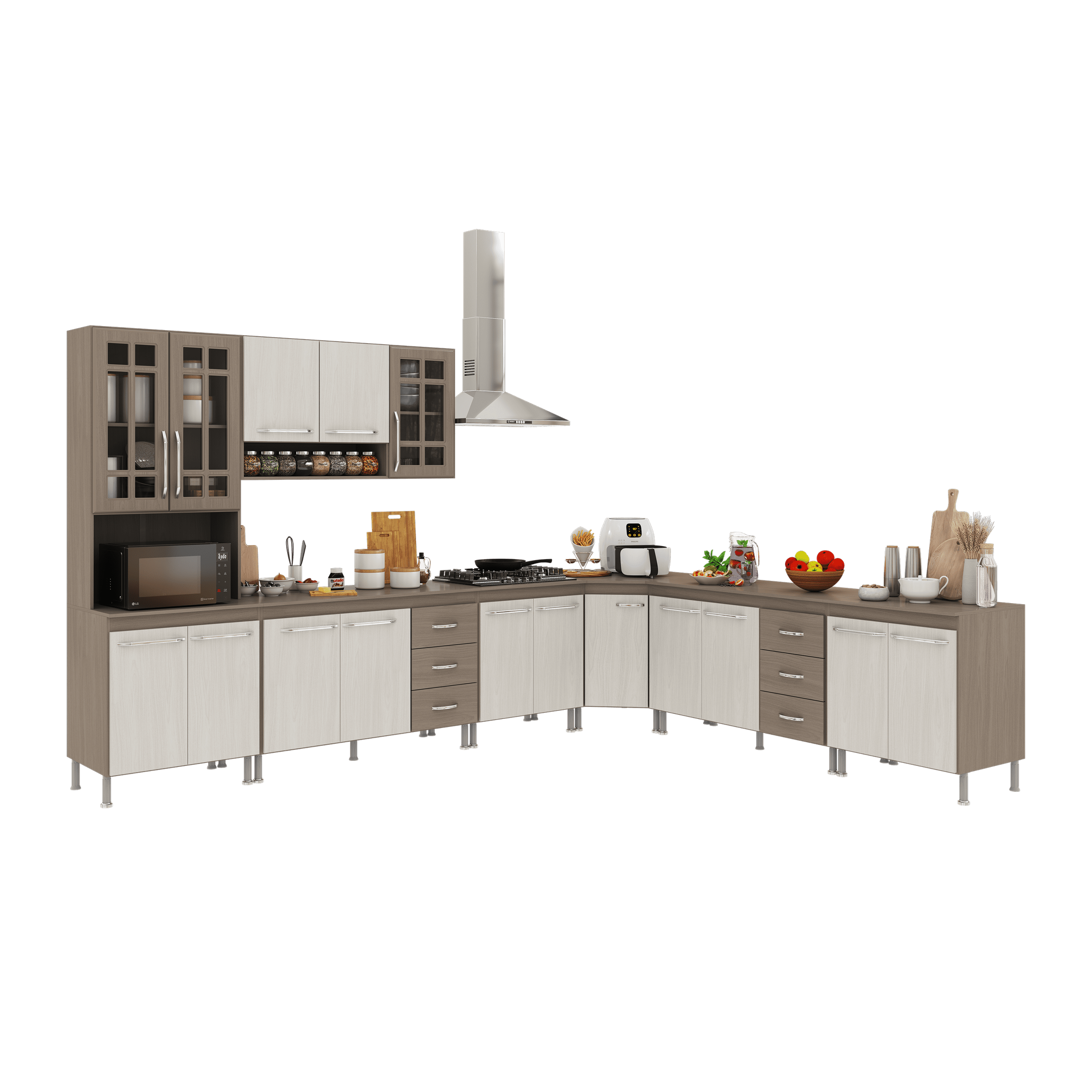 Armário de Cozinha Modulada Completa Fidelitá Paris 7 Peças 600cm 16 Portas 6 Gavetas com Tampo